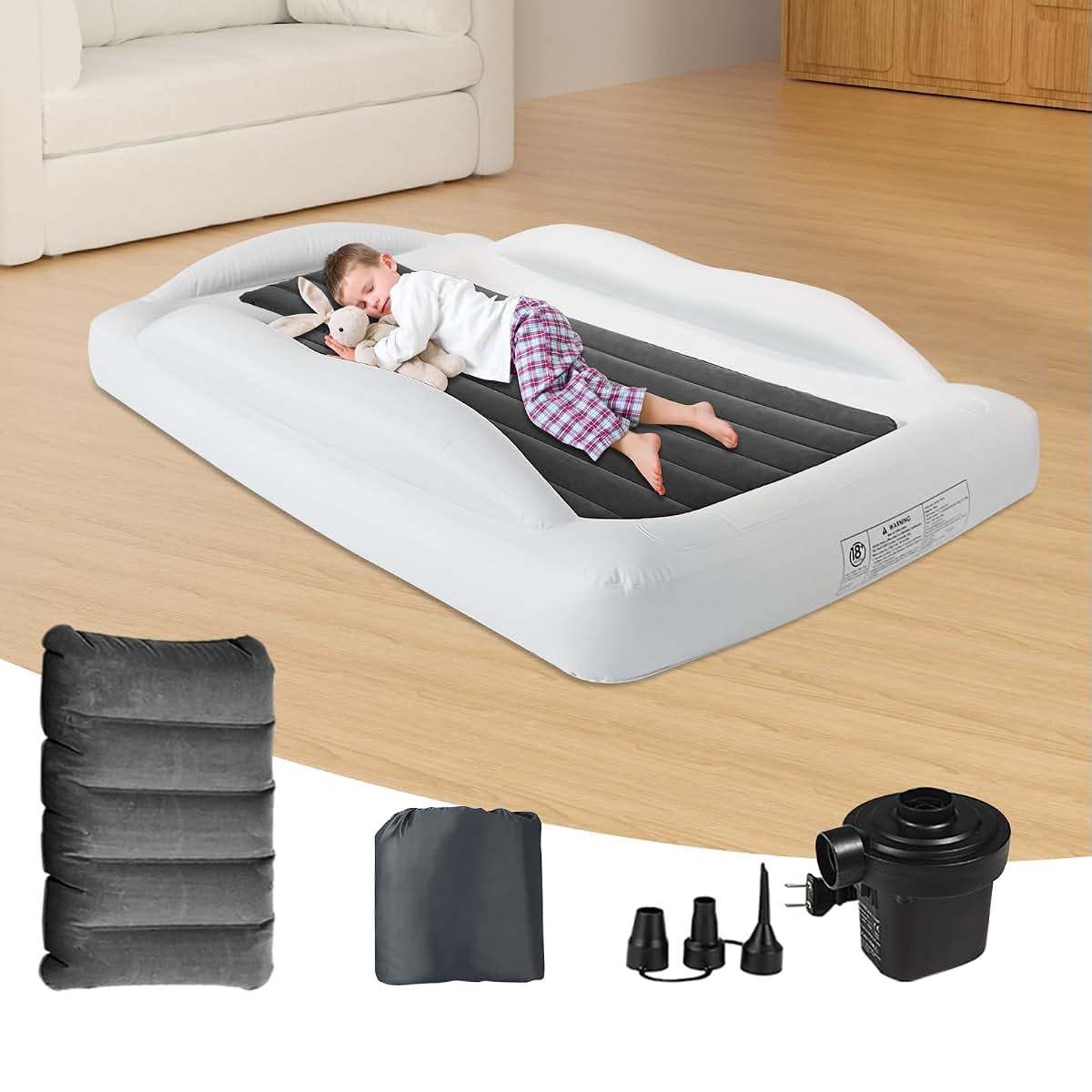 Inflatable Toddler Travel Bed with Safety Sides and Electric Pump
