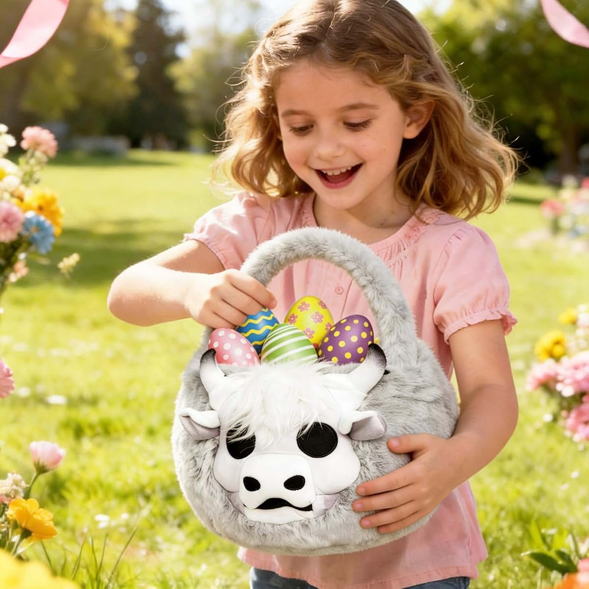 ZRPSIZP Easter Basket, Soft skeleton Cow Plush Baskets, Easter Egg Hunt Buckets, Easter Decorations Indoor Outdoor (photo 2)
