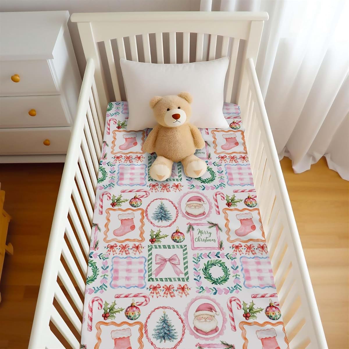 Wicbfdfv Christmas Santa Pine Trees Pink Fitted Crib Sheet 28"x52" (photo 4)