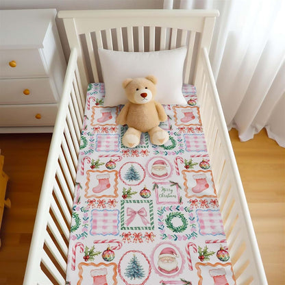 Wicbfdfv Christmas Santa Pine Trees Pink Fitted Crib Sheet 28"x52" (photo 4)