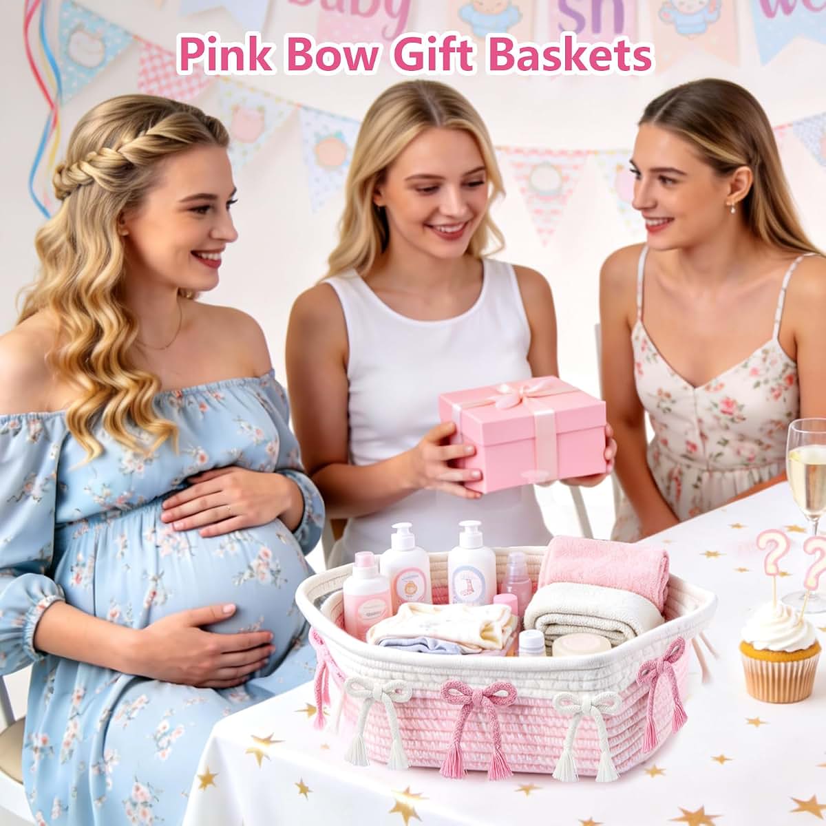 Simihiran Pink Bow Woven Rope Storage Basket for Home Organization