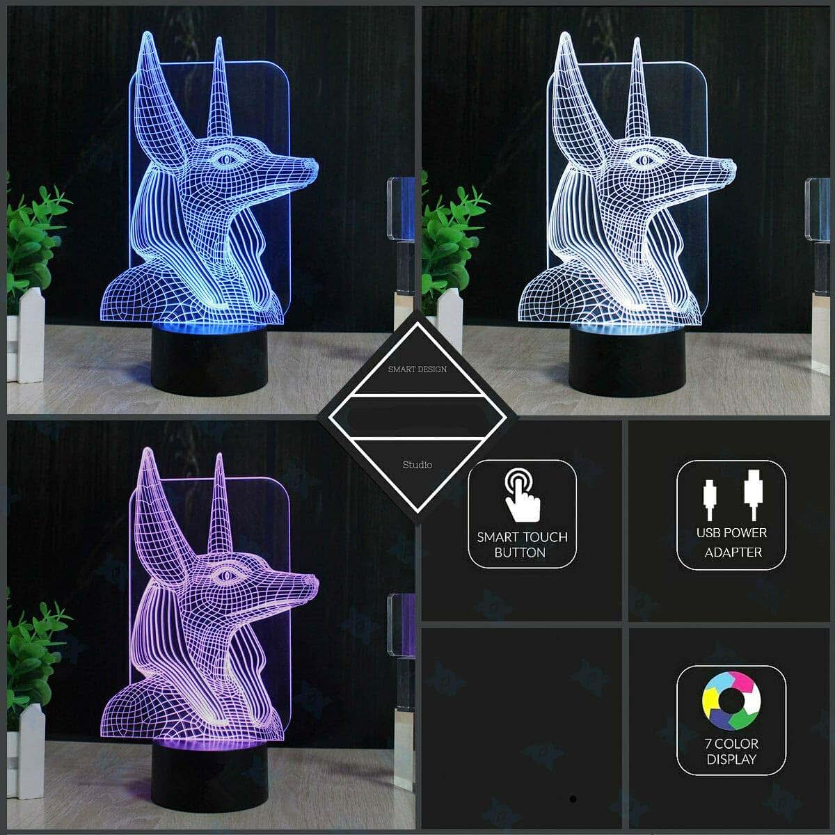 Jinnwell 3D Egyptian Pharaohs Illusion Night Light With 7 Color Touch Switch