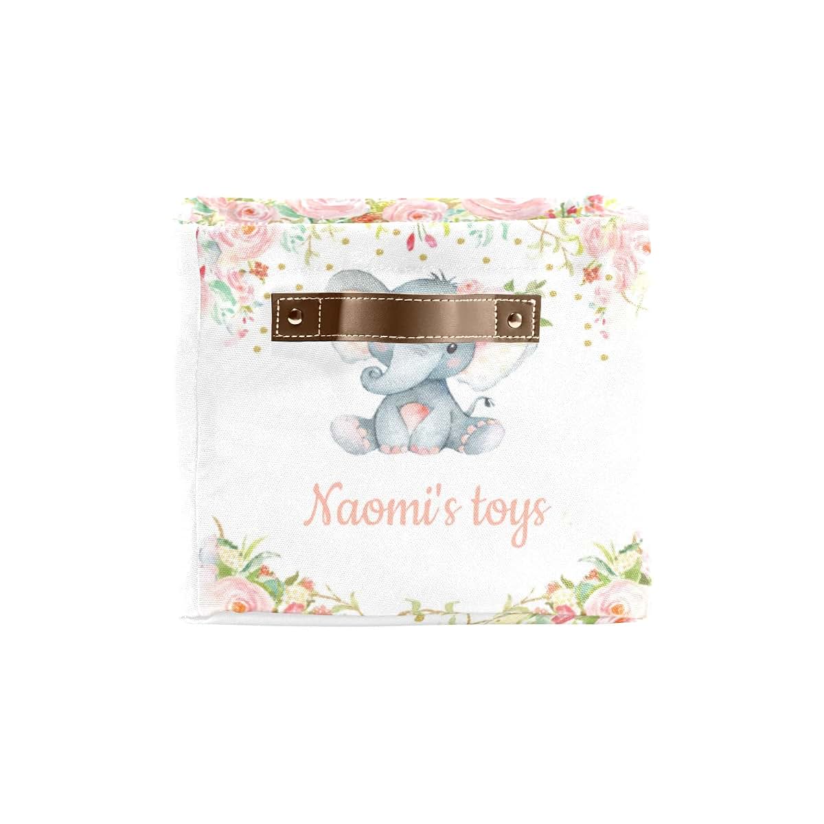 Joyestore Pink Flower Elephant Personalized Storage Bins ,Baskets Cubes Organizer with Handle for Shelves Closet