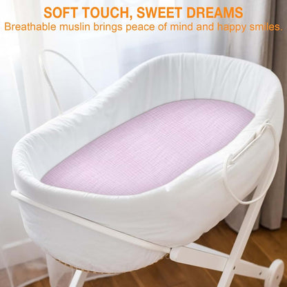 Synrroe 2 Pack Muslin Bassinet Fitted Sheets, 100% Cotton, 33x17 Inch, Pink & Purple