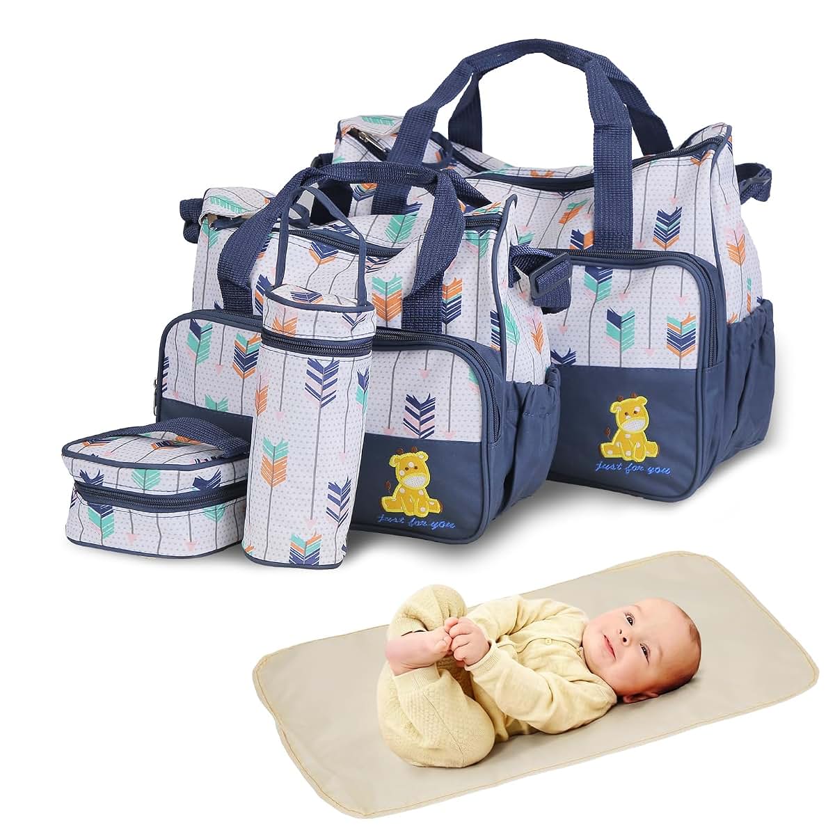 KOCASO 5Pcs Nappy Diaper Bags Set Mummy Diaper Handbags with Diaper Pad Food Bag Bottle Bag Travel Tote Bags For Mom
