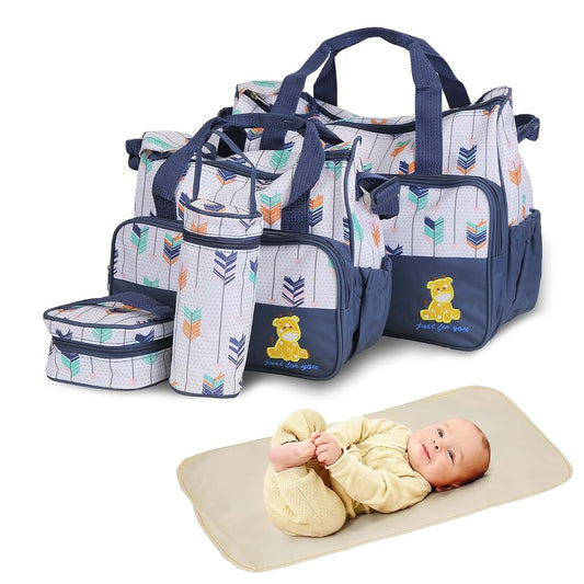 KOCASO 5Pcs Nappy Diaper Bags Set Mummy Diaper Handbags with Diaper Pad Food Bag Bottle Bag Travel Tote Bags For Mom