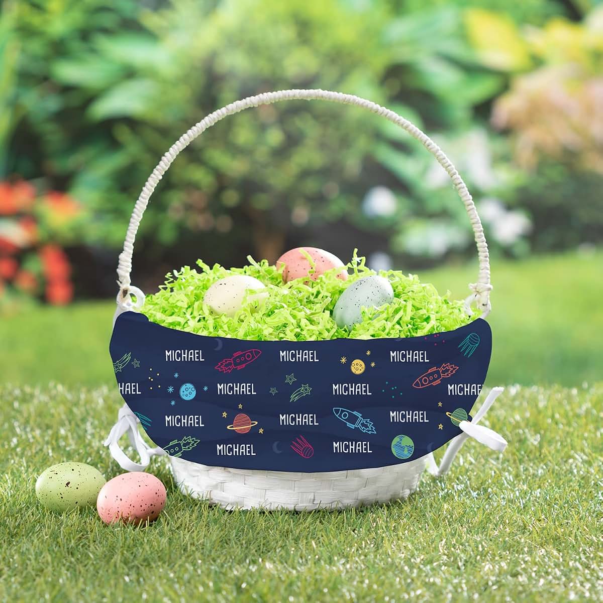 Personalized Planet Space Theme Personalized Easter Egg Basket with Handle and Custom Name | Spaceship Easter Basket (photo 2)