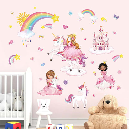 wondever Princess Unicorn Wall Decals Castle Rainbow Wall Stickers