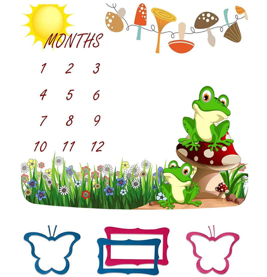 FHZON Frog Mushroom Monthly Milestone Blanket, 48x40 Inches Cotton Mat with 1-12 Month Markers and Frames