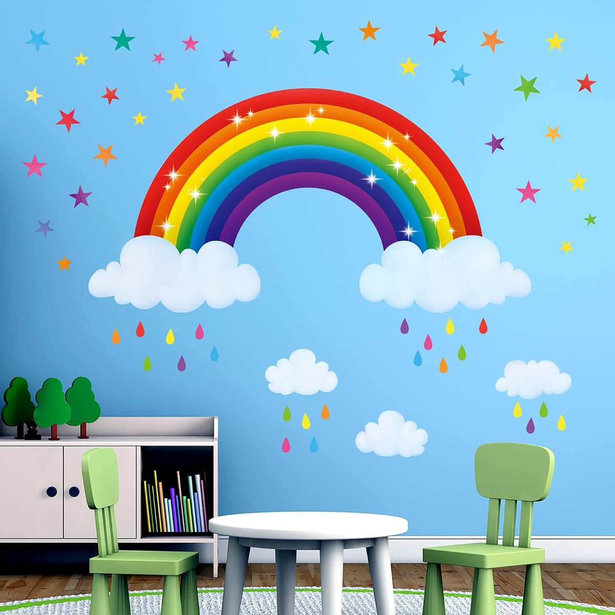 BASHOM DECOWALL Rainbow Wall Decals Stickers Clouds Stars Colorful Decor
