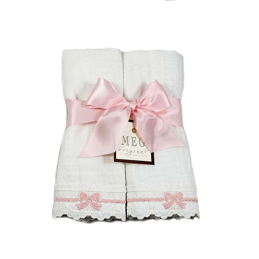MEG ORIGINAL Baby Burp Cloth Set - Heirloom Collection - Handmade in the USA (Pink Bows on Cotton (2))