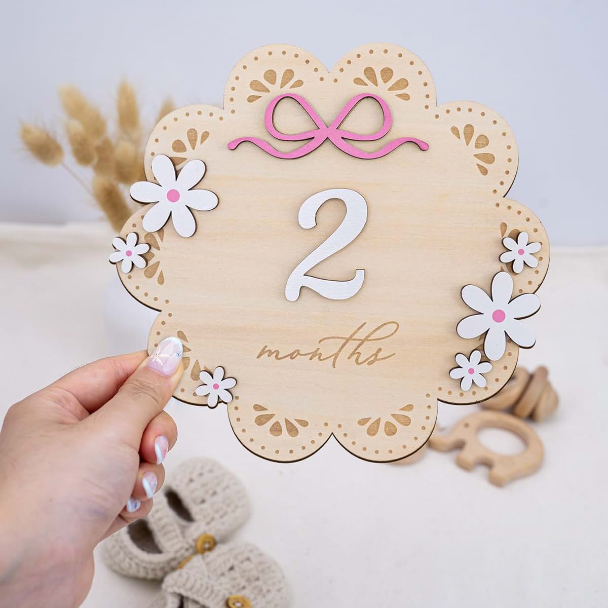 BabyOneStop Baby Monthly Milestone Photo Sign, Wooden Floral with Pink Bows, 1-12 Months Baby Girl Growth Tracker