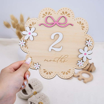 BabyOneStop Baby Monthly Milestone Photo Sign, Wooden Floral with Pink Bows, 1-12 Months Baby Girl Growth Tracker