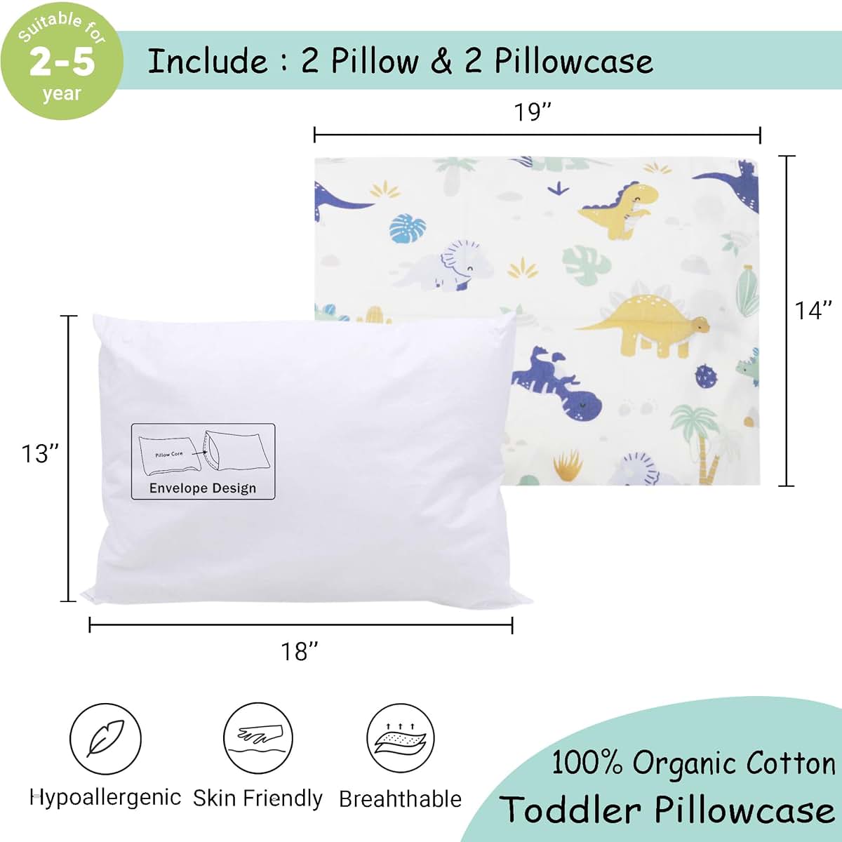 ZPECC Toddler Pillow 2 Pack, Organic Cotton Pillowcase, 13x18, Dinosaur (photo 2)