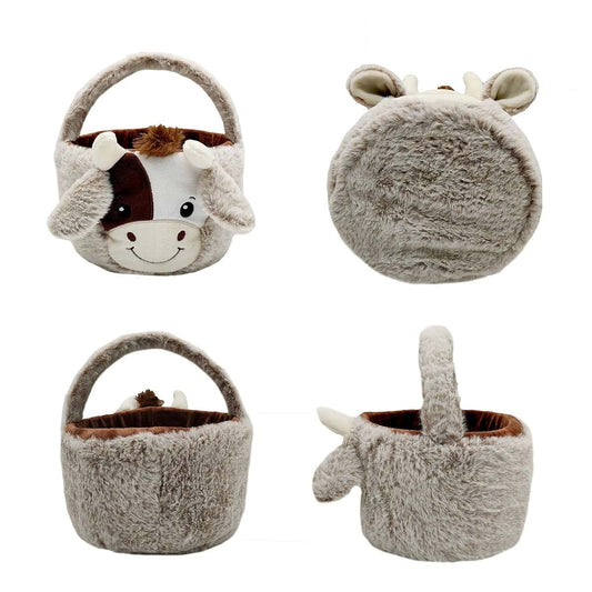 TRURENDI Personalized Plush Basket 10 inch Cow Easter Plush Basket Easter Plush Basket Egg Hunting Bags Easter