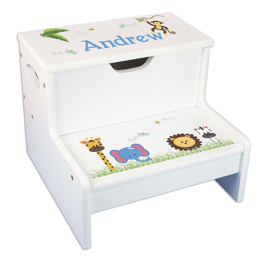 My Bambino Personalized Kids Step Stool | Jungle Animals Storage Step Stool | Custom Name Toddler Bathroom & Kitchen