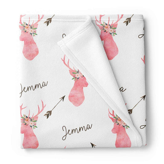 Lovable Gift Co Personalized Deer Fleece Baby Girls Blanket, Woodland Nursery décor White