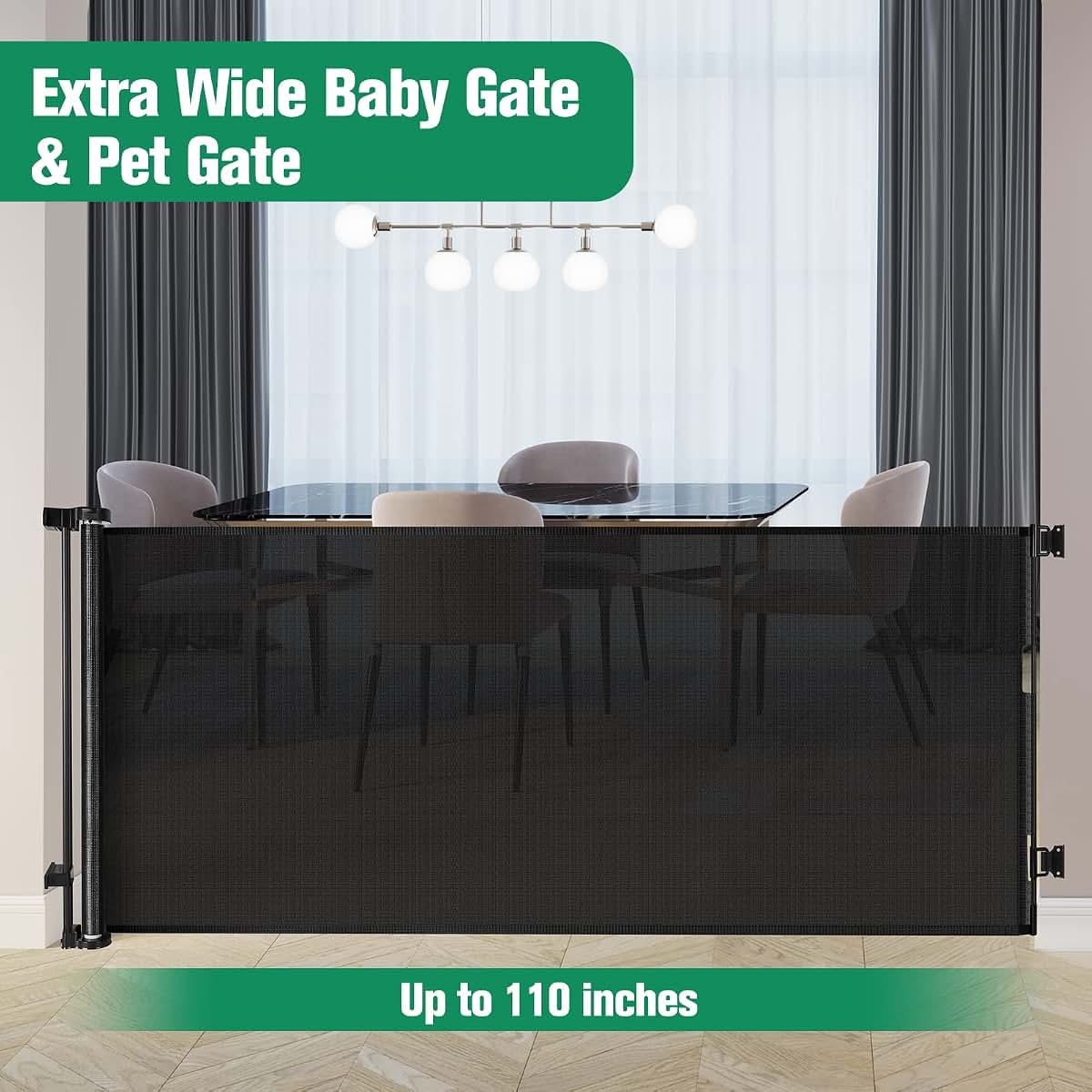 KISKIZ 110-Inch Extra Wide Retractable Baby Gate for Large Openings, Black