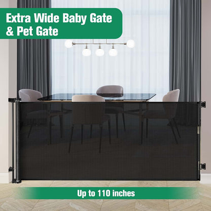 KISKIZ 110-Inch Extra Wide Retractable Baby Gate for Large Openings, Black