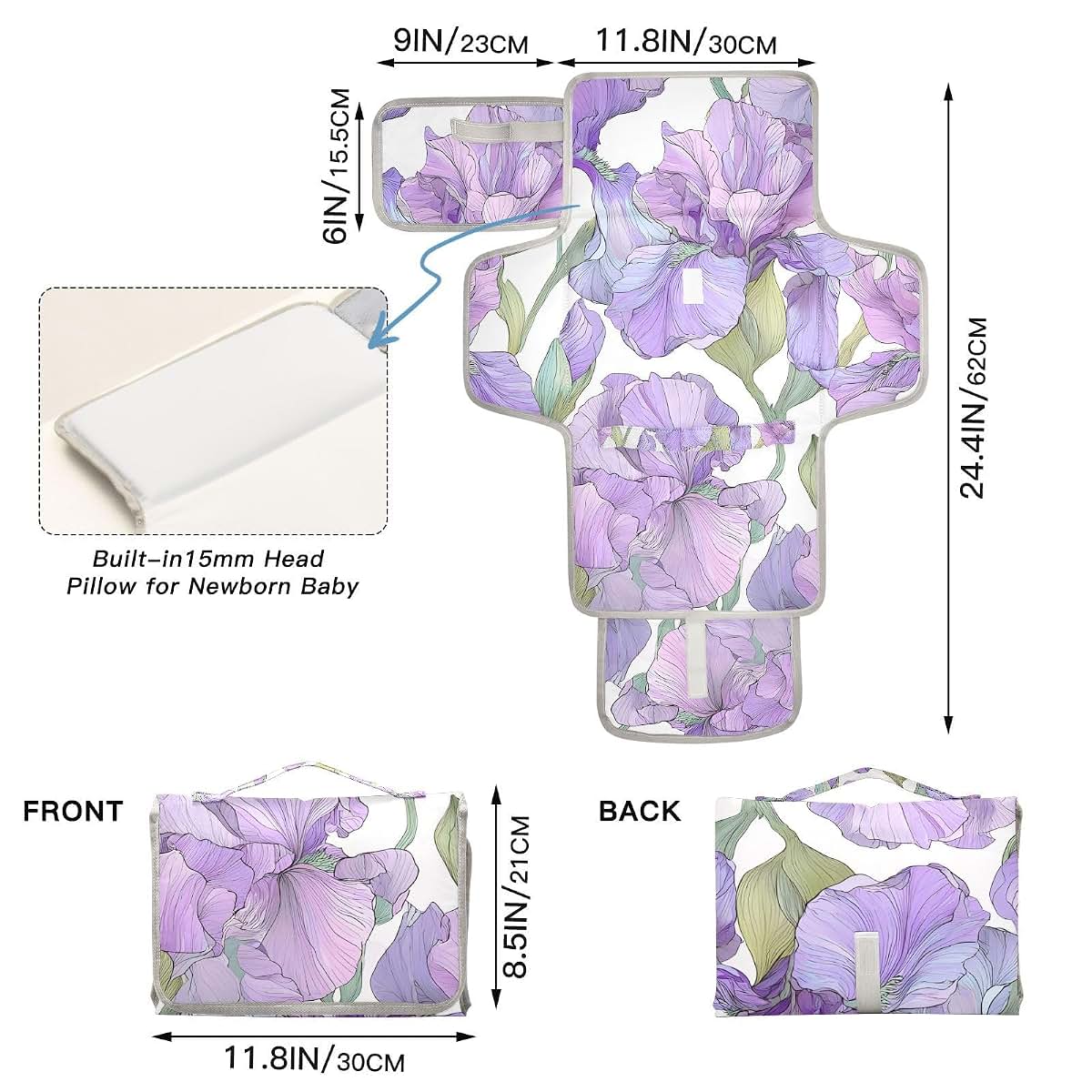 Pastel Purple Iris Portable Diaper Changing Pad Lightweight Waterproof Travel Kit