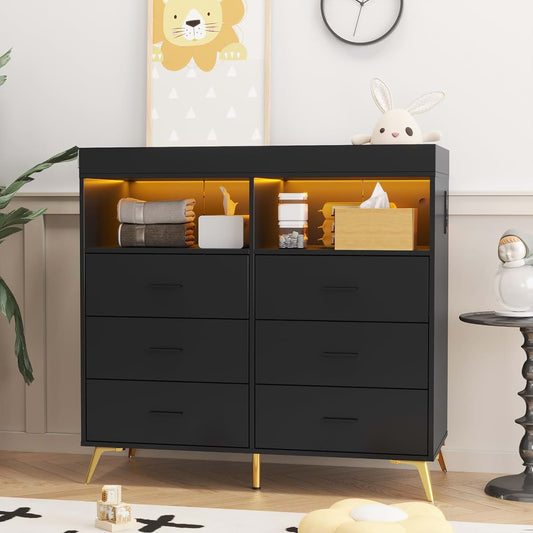 Babevy Changing Table Dresser with Drawers, Baby Dresser with Changing Table Top, Power Outlet, LED Light & Metal Feet