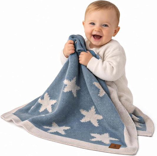 Little Dedi Reversible Knit Baby Blanket 30x40 in, Smoke Blue, Gift Bow