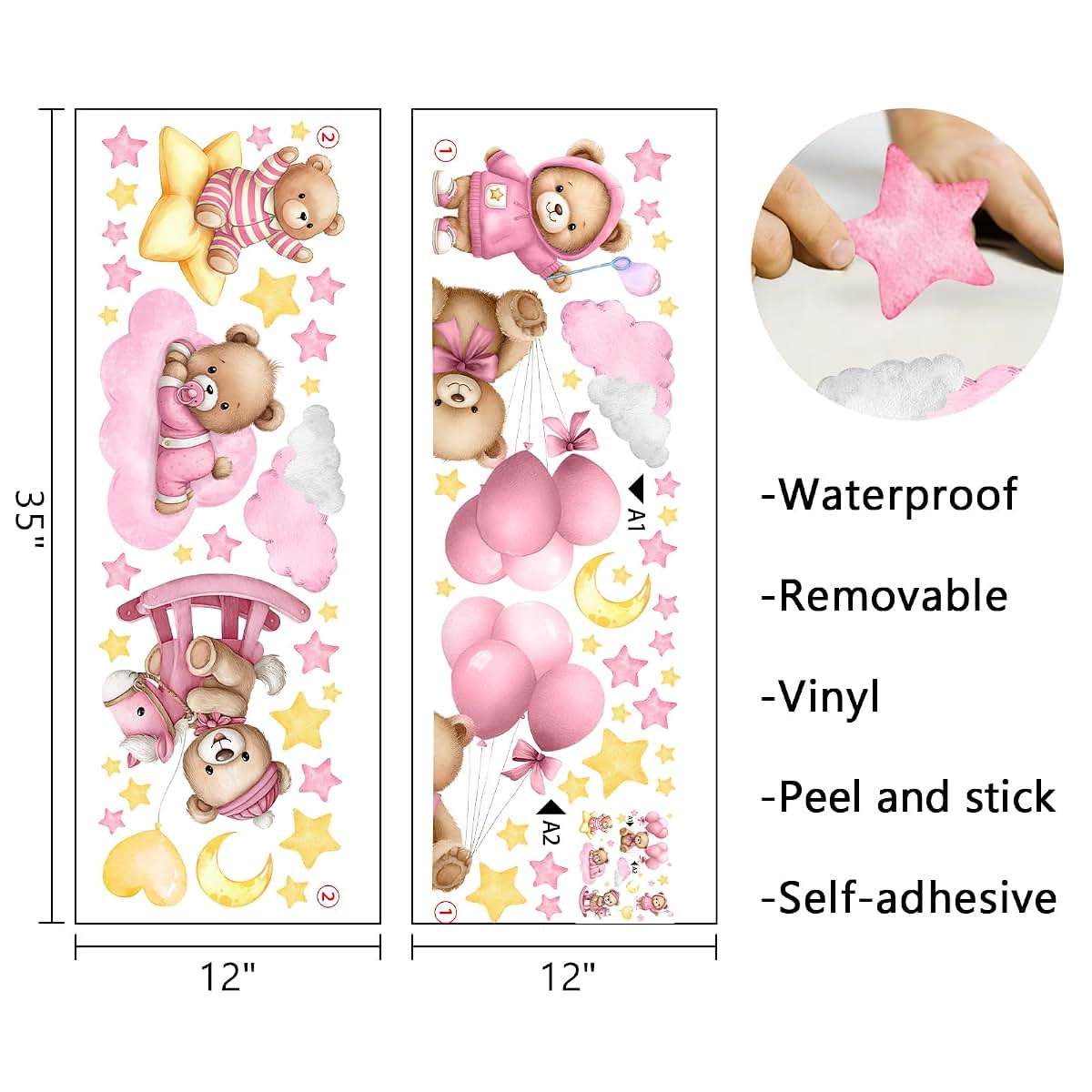 Mfault Pink Baby Bear Wall Decals, 2 Sheets, 35x12 Inches