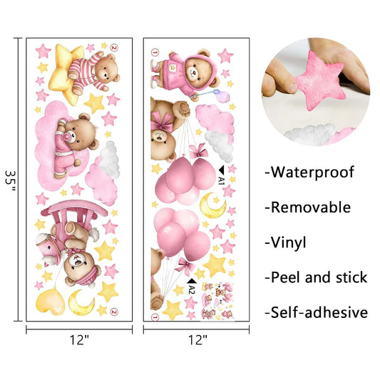 Mfault Pink Baby Bear Wall Decals, 2 Sheets, 35x12 Inches