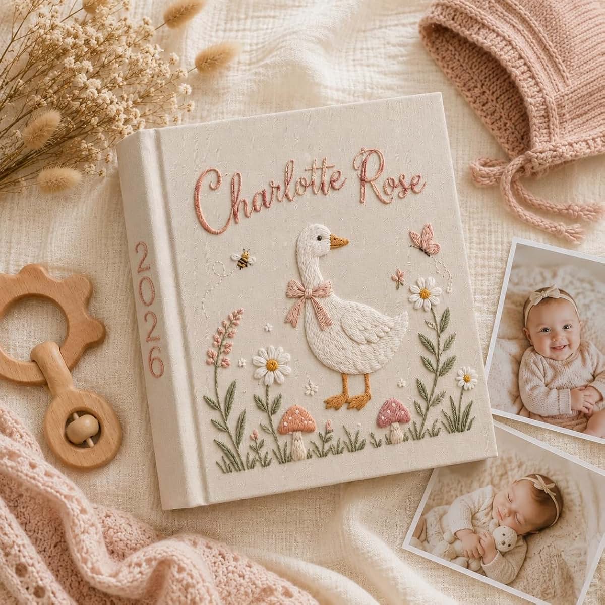 MDPrints Global Personalized Baby Photo Album, Hand Embroidered First Year Keepsake Book (Album 1)