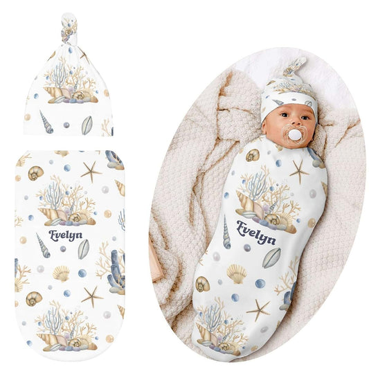 YallLocoMo Newborn Swaddle Blankets Hat Sea Underwater Coral Conch Seastar Sets Soft Baby Receiving Blanket Swaddle