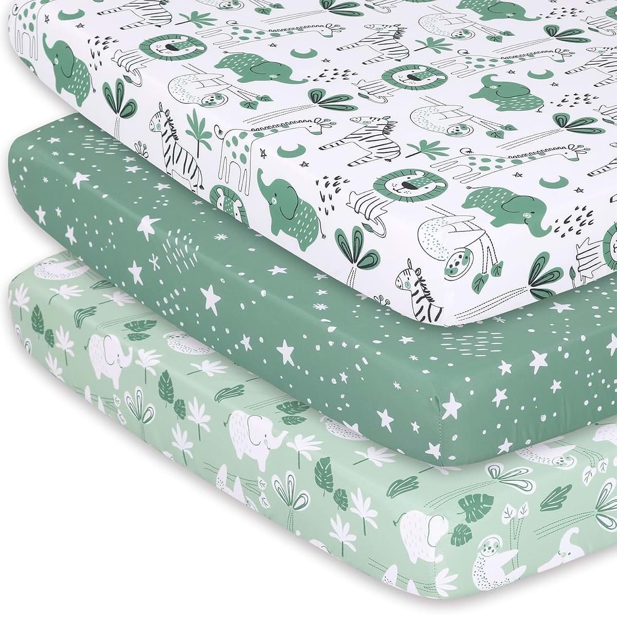 The Peanutshell 3-Pack Fitted Playard Sheets, Green Safari Mini Crib Sheets for Standard Playard Mattresses