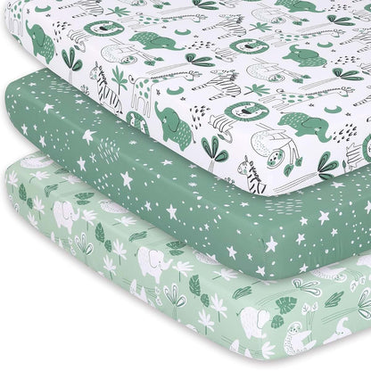 The Peanutshell 3-Pack Fitted Playard Sheets, Green Safari Mini Crib Sheets for Standard Playard Mattresses