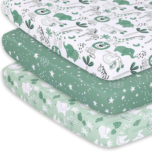 The Peanutshell 3-Pack Fitted Playard Sheets, Green Safari Mini Crib Sheets for Standard Playard Mattresses