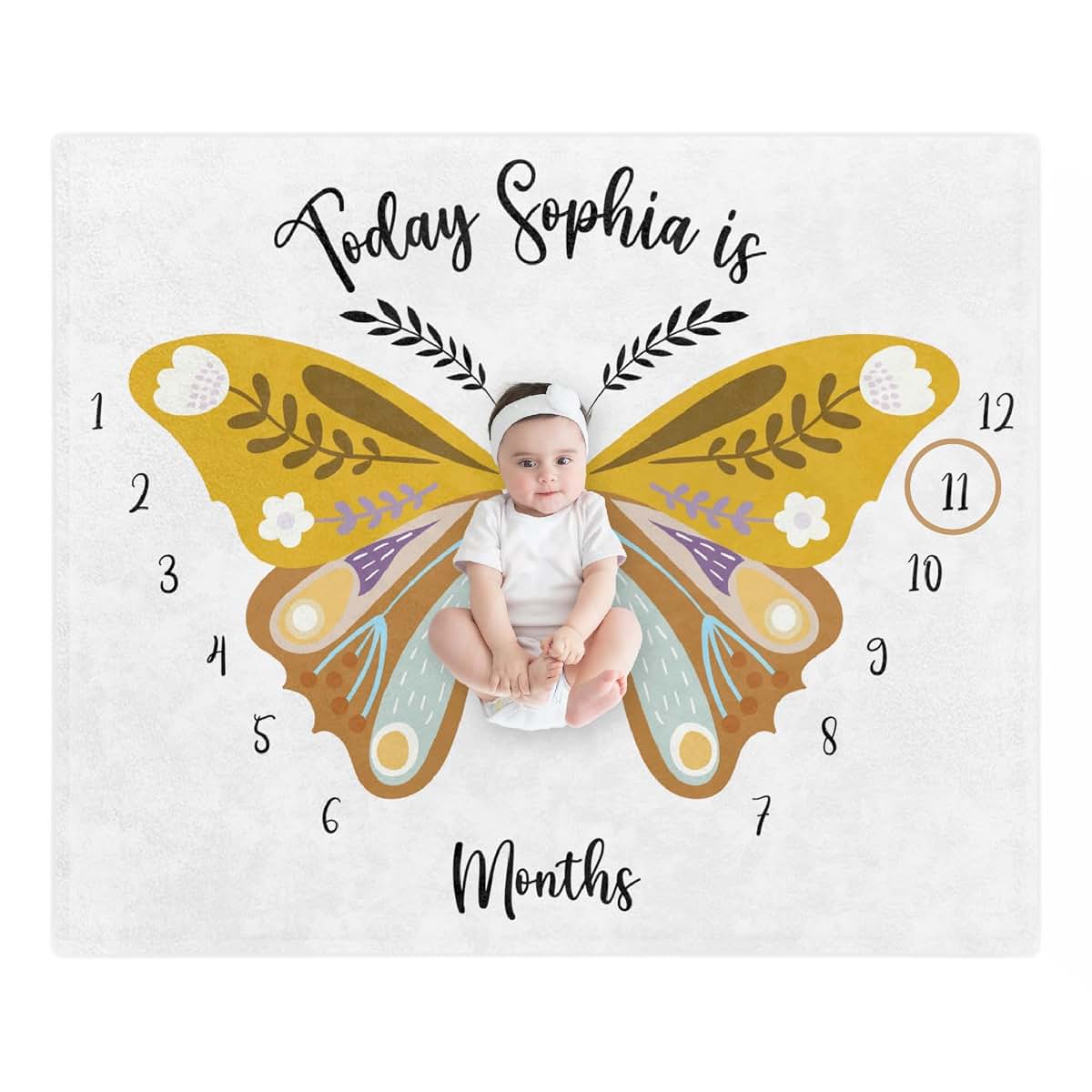 Ferdus Personalized Baby Blanket with Name Boho Moon Baby Monthly Milestone Blanket, Butterfy Baby Gift,Newborn Baby
