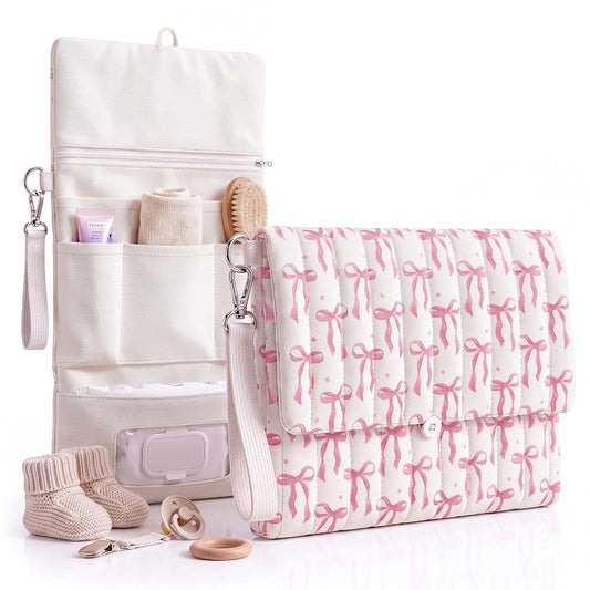 ElaraBerry Diaper Bag Organizer Pouches for Baby Pink Bow Quilted Diaper Wipes Pouch