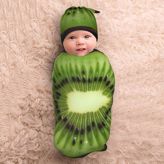 KKLWEGU Newborn Swaddle Blanket with Beanie Hat Set, Soft Sleep Sack Kiwi Slice Newborn Receiving Blankets Baby Swaddle