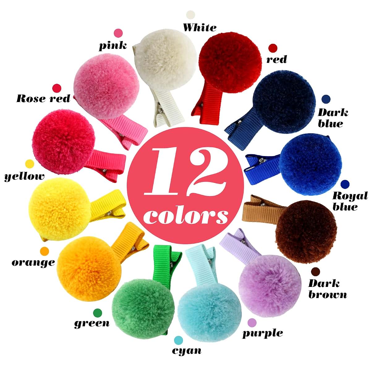 Cinaci Hair Clips for Baby Girls, 24 Pack Pompom Alligator Clips, 12 Pairs Candy Colors, 1.2 Inch