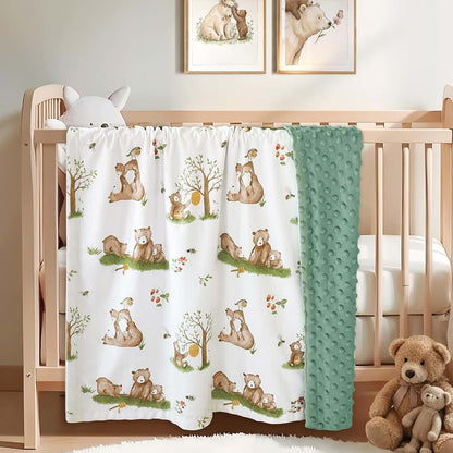 BOPRIO Minky Baby Blankets for Nursery - Woodland Bear Print Throws