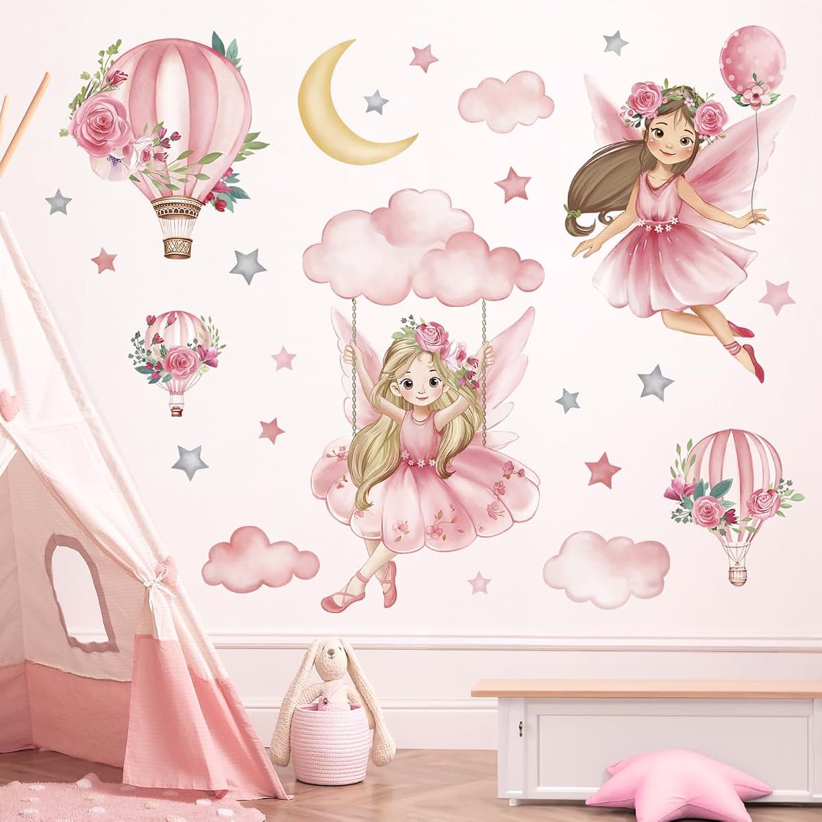 Wondever Pink Fairy Swing Wall Decals - Removable PVC Art Stickers