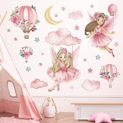 Wondever Pink Fairy Swing Wall Decals - Removable PVC Art Stickers