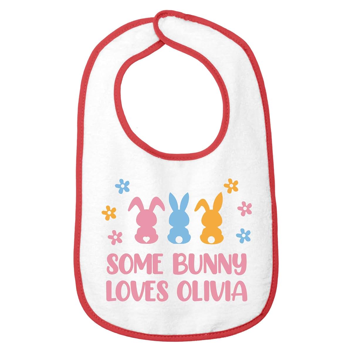 Smiling Jindo Personalized Easter Baby Bib – Pastel Bunny Trio Design with Custom Text – Soft Cotton Terry