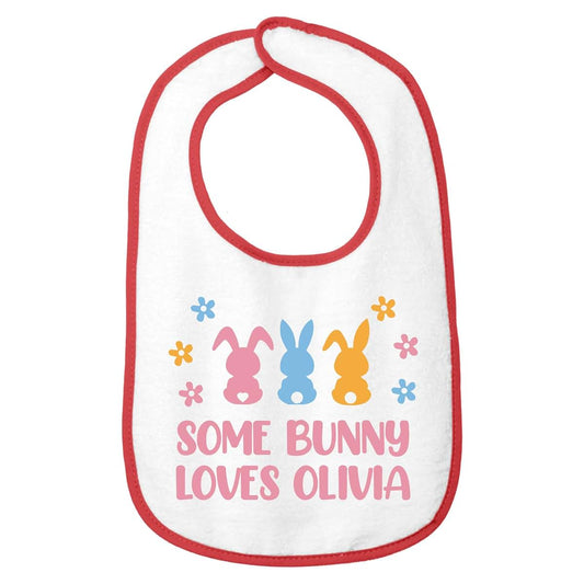 Smiling Jindo Personalized Easter Baby Bib – Pastel Bunny Trio Design with Custom Text – Soft Cotton Terry