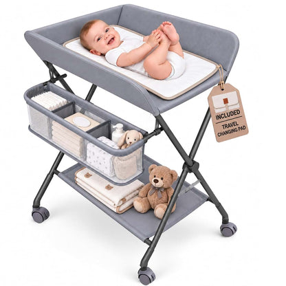 Sanmico Baby Changing Table with Wheels, Portable Foldable Diaper Changing Station, Adjustable Height, Nursery