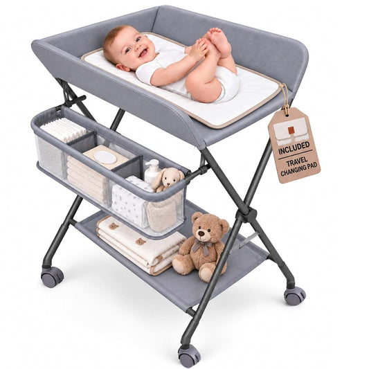 Sanmico Baby Changing Table with Wheels, Portable Foldable Diaper Changing Station, Adjustable Height, Nursery