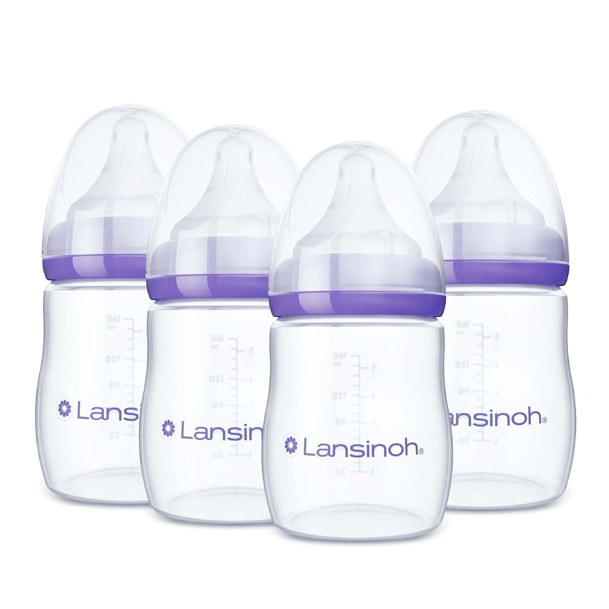Lansinoh Anti-Colic Baby Bottles, 5 Ounce, 4 Count With Extra Slow Flow Nipples