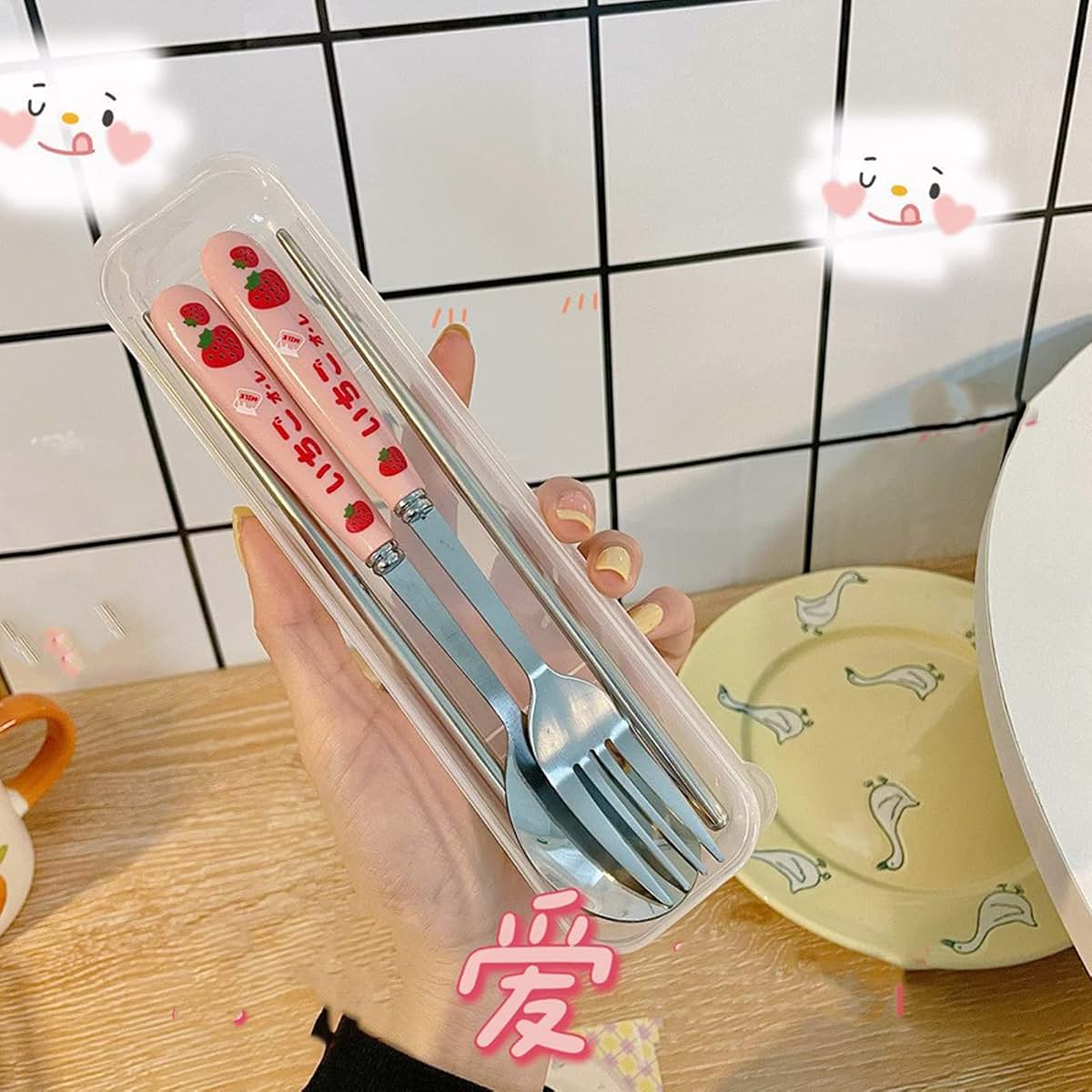 Rengue Stainless Steel Cutlery Set with Pink Strawberry Pattern
