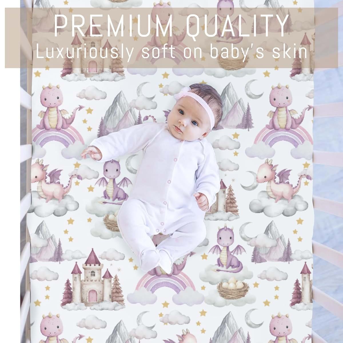 Selgkds Pink Baby Dragons Crib Sheets for Boy Girl Fairytale Dragon Castle Trees Moon Rainbow Soft Stretchy Fitted Crib (photo 2)