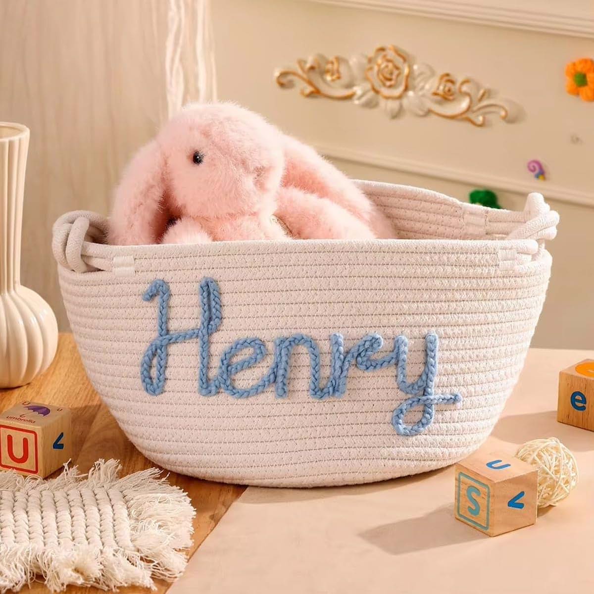 DOYOUWE Personalized Baby Gift Basket, Custom Name Cotton Rope Toys Storage Box For Newborn Boys/Girls, Nursery Decor (photo 2)