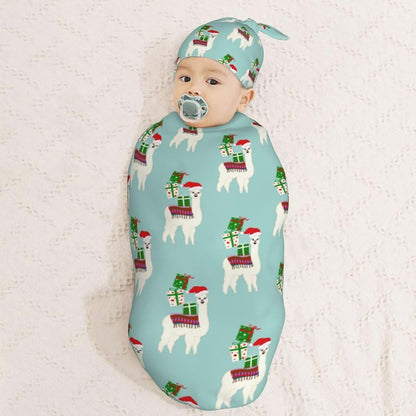 Muishi Cute Christmas Llamas Newborn Swaddle Blanket and Hat Set
