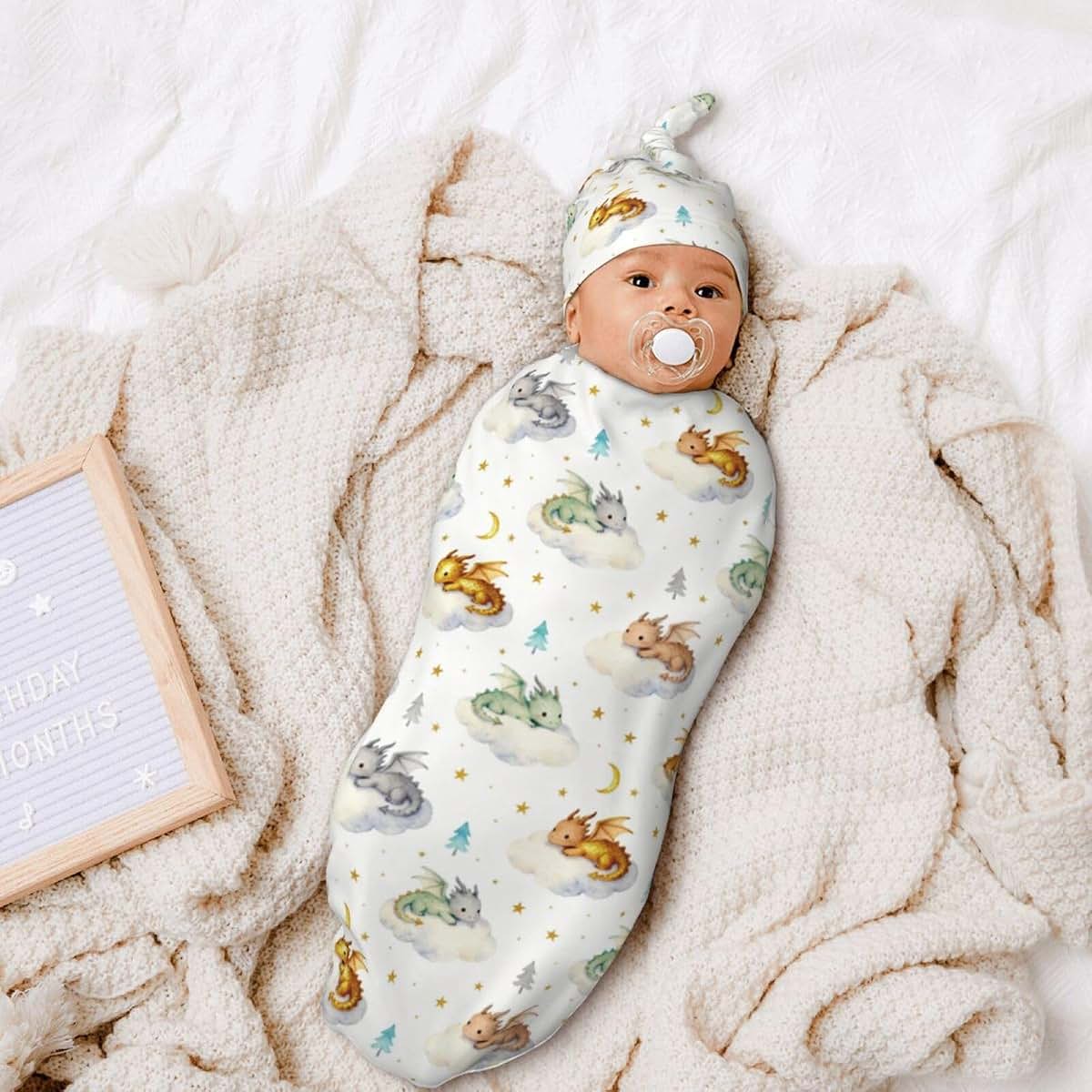 Dragon Print Swaddle Blanket Set for Newborns